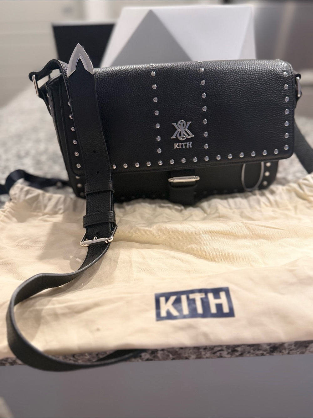 Kith Black Leather Studded Messenger Bag with Silver Hardware
